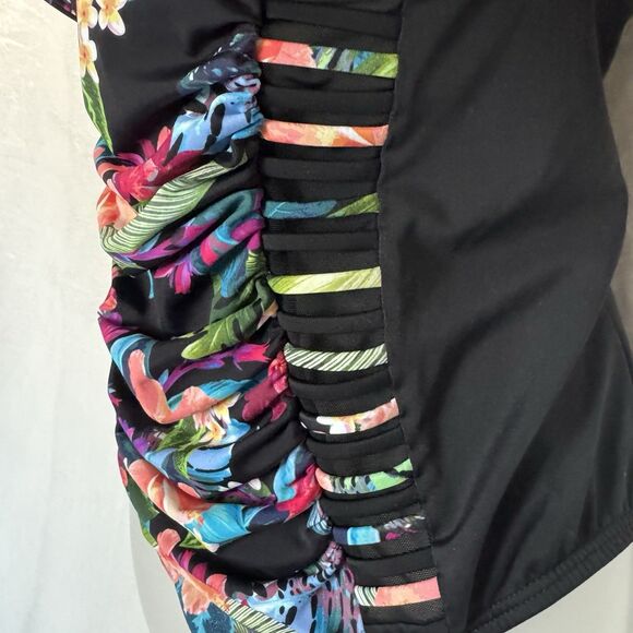 Swimsuits For All One Piece Black Floral Adjustable Underwire Ruched Cutout - Picture 5 of 11